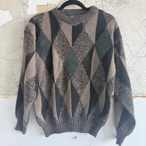 Vtg Argyle Sweater Leather Patches Brown Black Knit 90s Barnaby Grandpa Academia